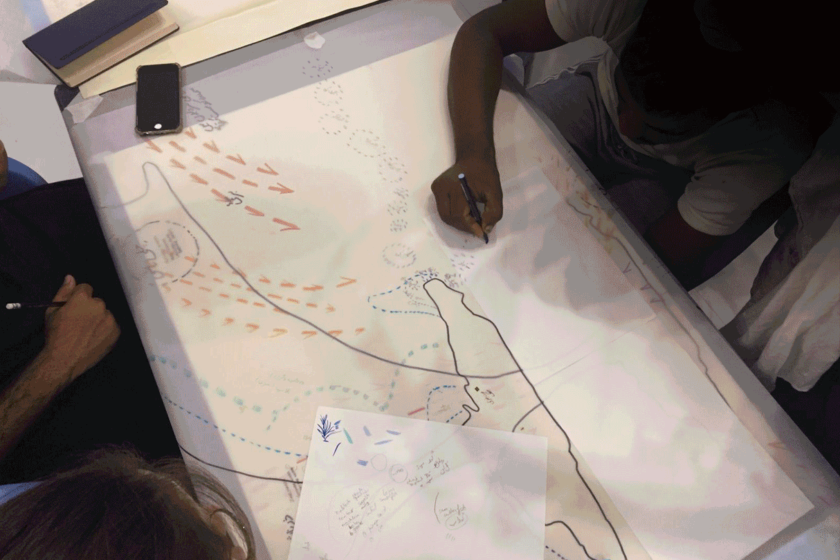 gif animation with 3 images, children playing in playground, people gathering at night with placards , people drawing on paper