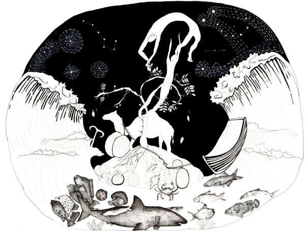 A drawing showing sea waves with different kinds of sea life surrounding a small hill with a camel, tree and ghostly human figures reaching out to a starry sky. 