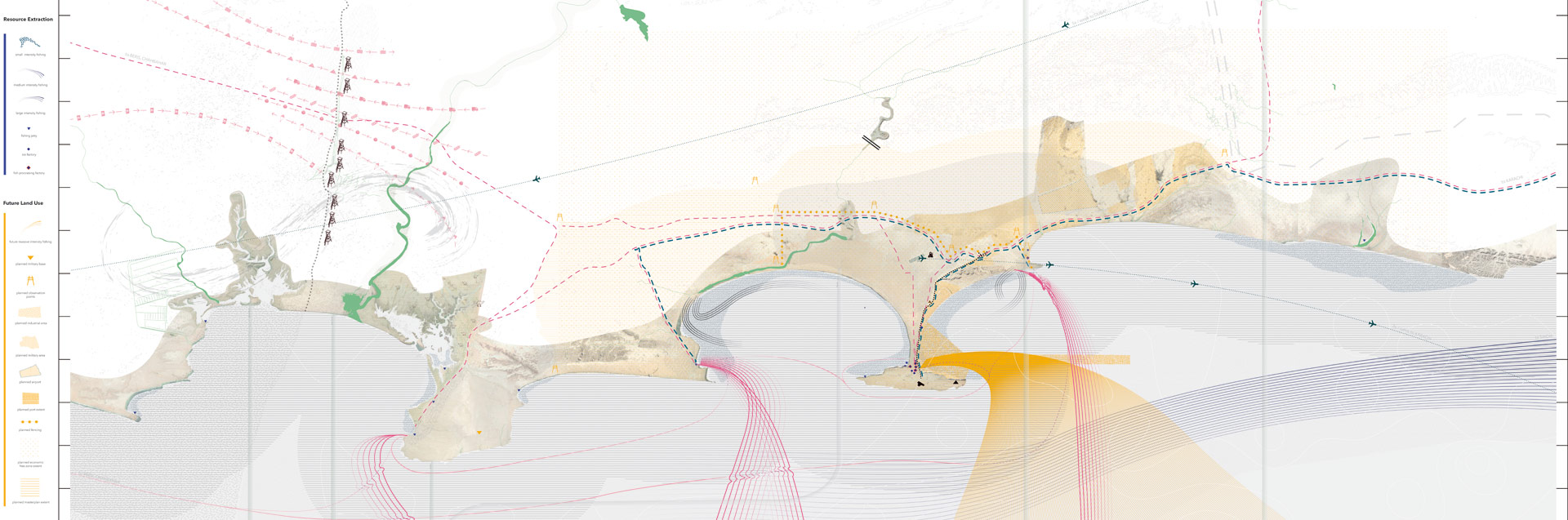 An extract from a map showing the coastal area of the Gwadar region, including the border with Iran. Lines and shading show the exchange of goods, movement of people and the extraction resources, as well as land and marine ecologies. 