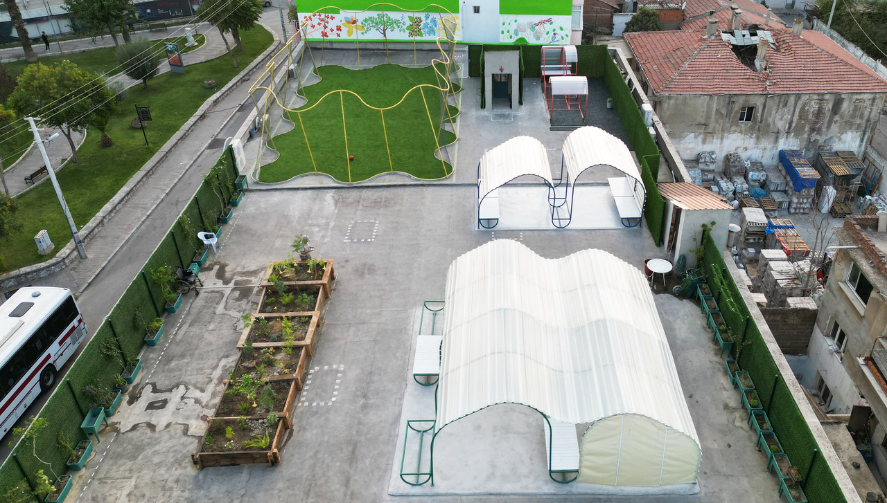 Arial view on roof top with built structures