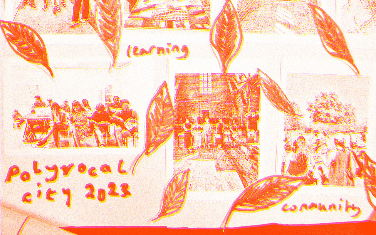 A collage of orange monochrome images with text and drawings of leaves