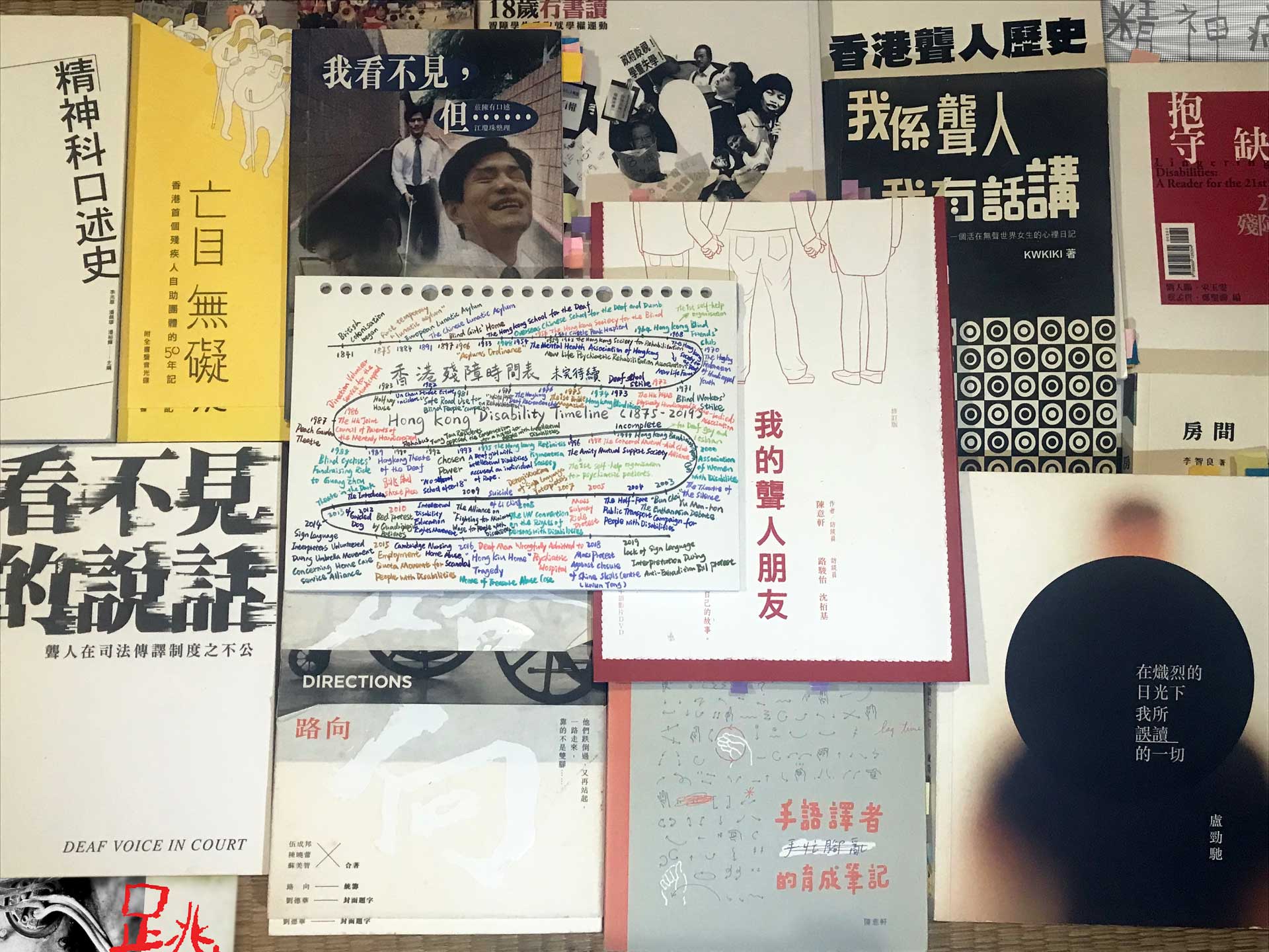Horizontal photograph with a hand-drawn Hong Kong Disability Timeline (1875-2019) in the middle, with key years and events added in different colours. Surrounding the timeline are various reference books and documents that record the oral history, literature and publications of different Disability communities including the Deaf, blind people, wheelchair users, psychiatric patients, and people with intellectual Disabilities in Hong Kong.
