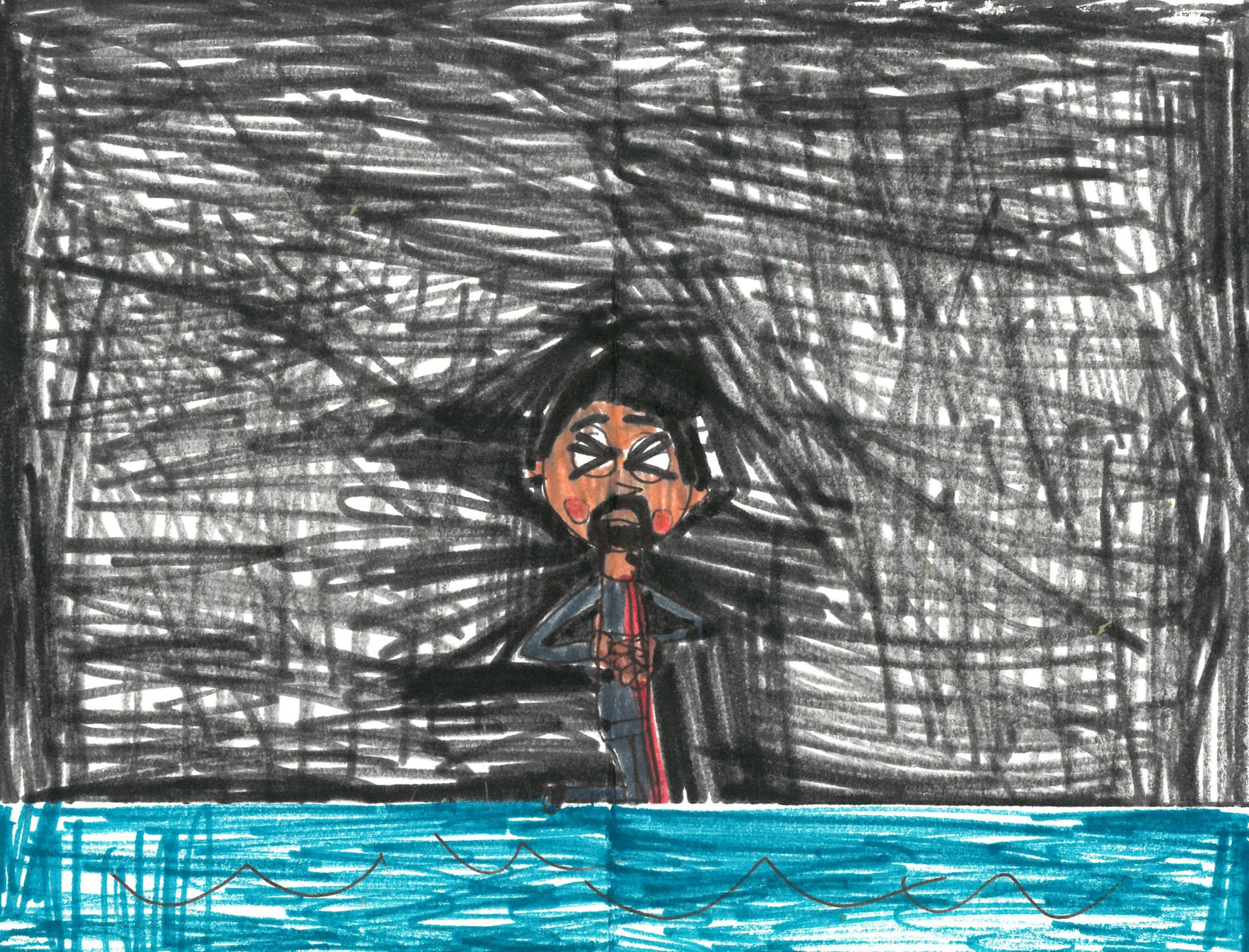Image Description: A landscape hand-drawing of a person in the middle of the picture with a painful expression, rubbing their stomach. Surrounding the person are confusing black lines that fill up the background. At their feet is a block that spans across drawing filled with blue horizontal lines, with some black lines that resemble waves.