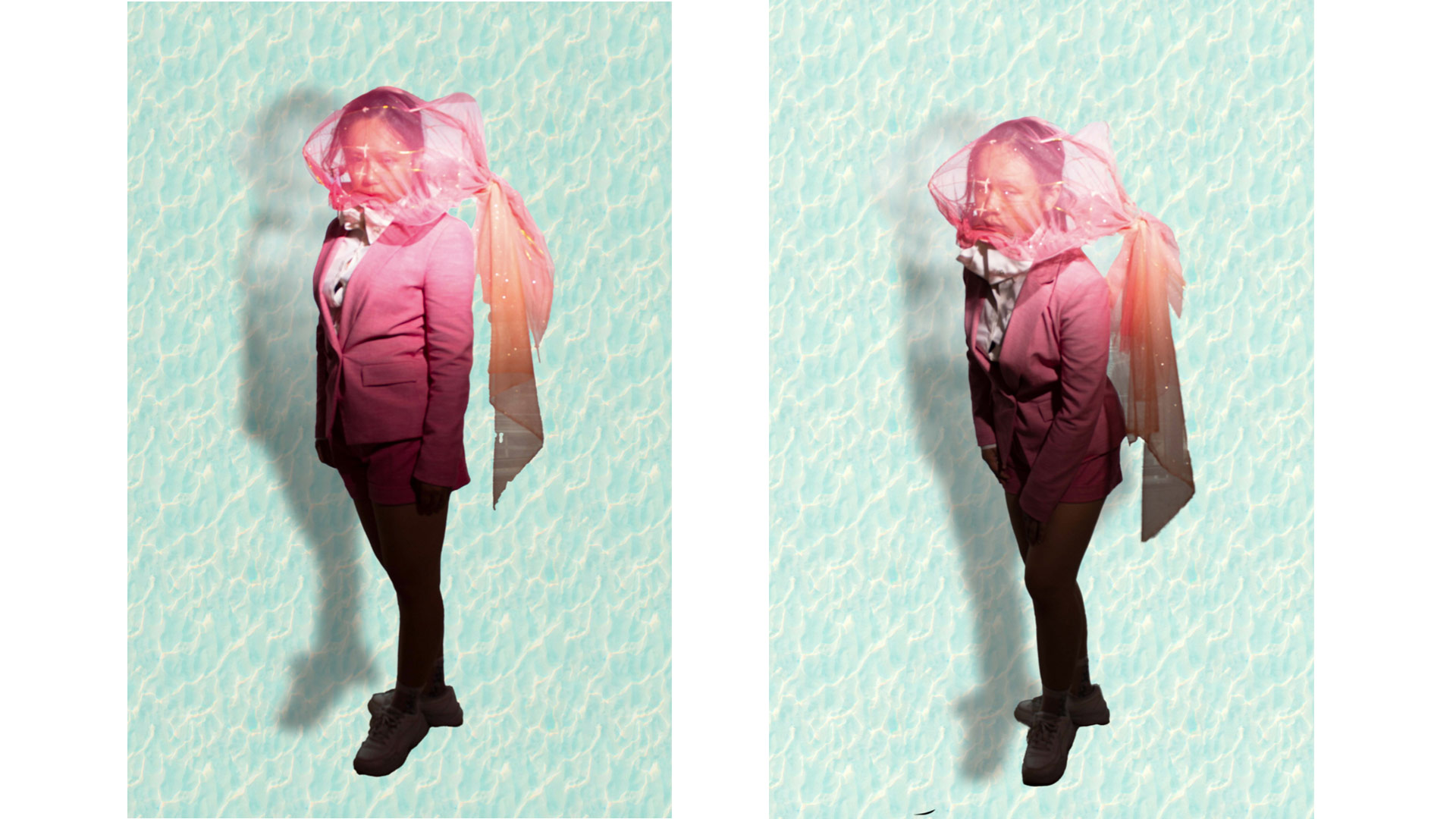 Image Description: Two vertical photographs are side by side, both full-body self-portraits of the author, Lo Suet Po Kathleen. The photographs have the same light blue watery background, with the author standing in the centre, facing the camera, leaning slightly more forward in the photograph on the right. The author is an Asian woman wearing a pink blazer, white shirt, and black trousers, with her left foot in front pointing straight and her right foot at an angle. The author's head is covered by a pink translucent goldfish-shaped installation with a fading orange tail.