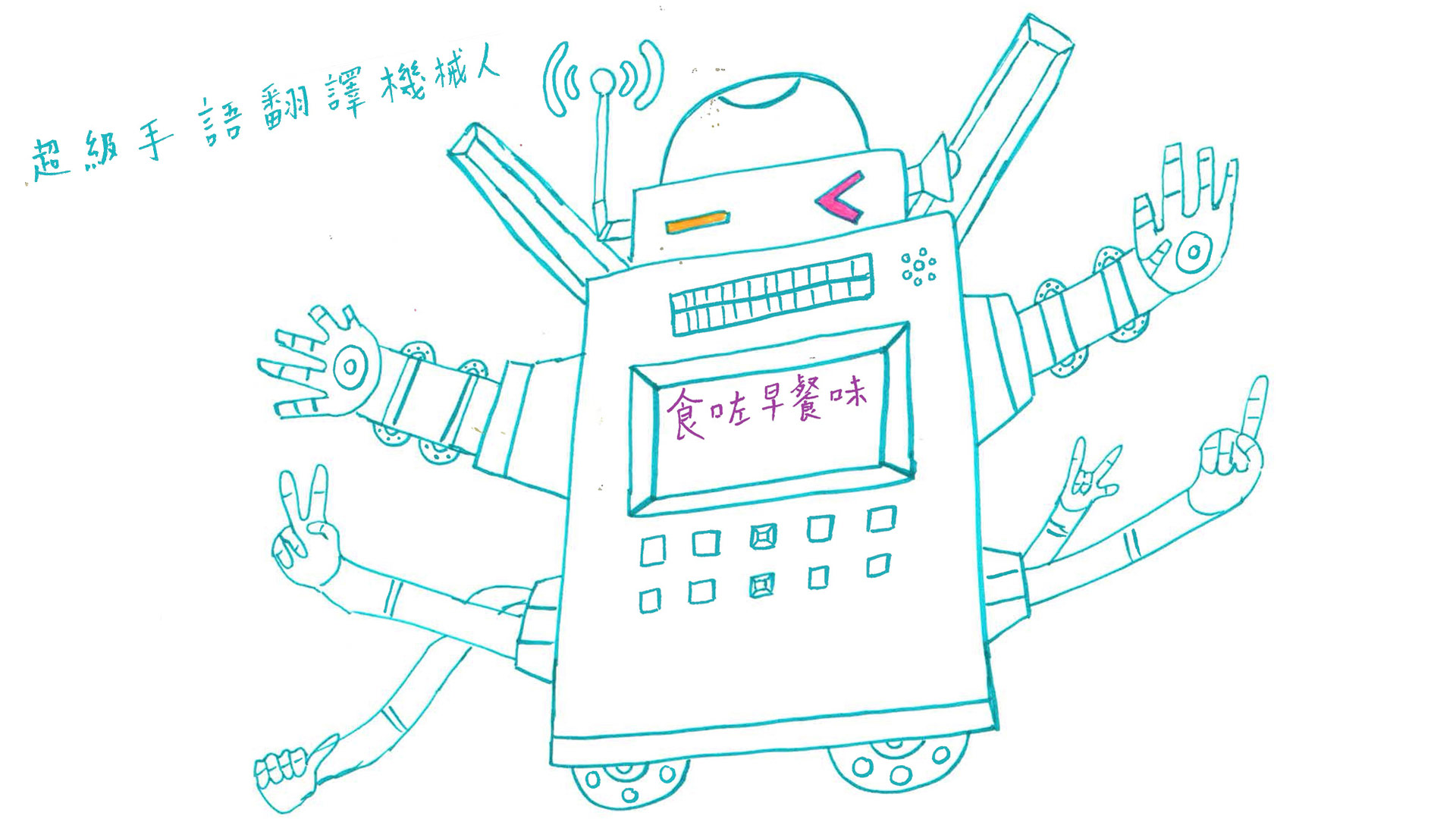 A super sign language interpreter robot with six hands doing sign language. A rectangluar screen on its front chest showing the Cantonese question, “Have you had breakfast?” with 10 buttons underneath. 