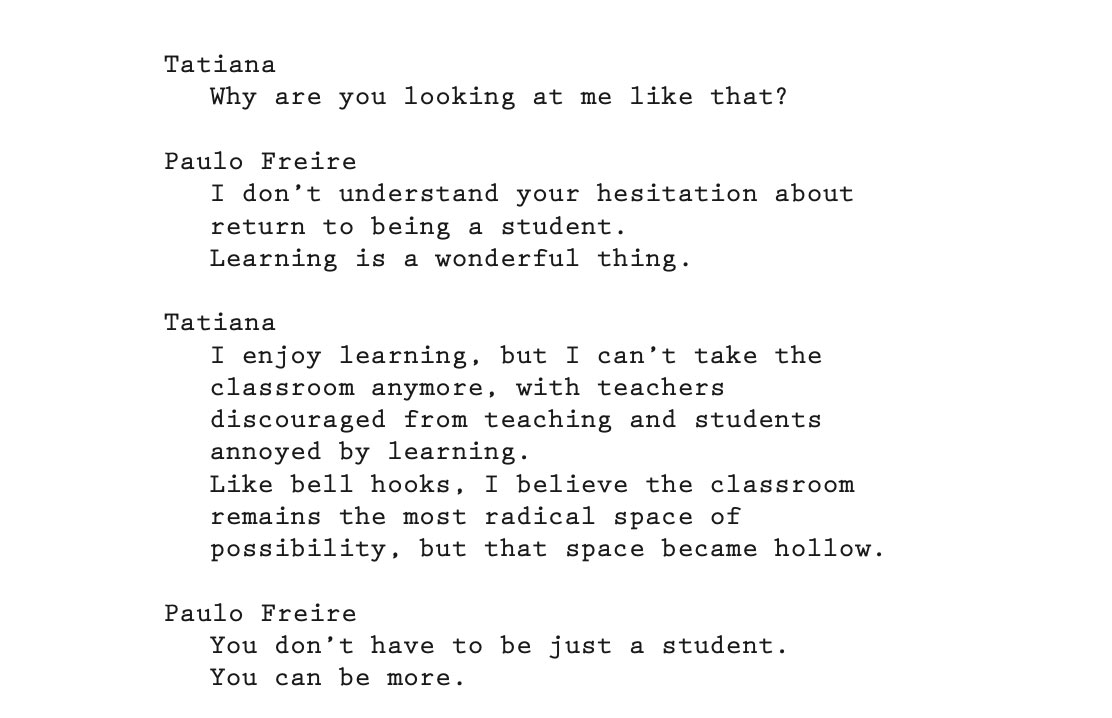 Text in dialogue between Tatiana Letier Pinto and Paulo Freire